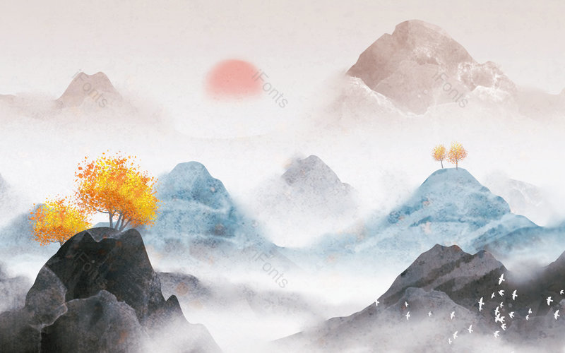 中国风撞色手绘风景山水插画背景设计,插画/手绘图,插画/手绘图库,插画/手绘图下载,插画/手绘